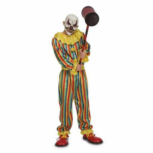 En person i en komplett, läskig clowndräkt med en färgsprakande, randig overall, en gul krage och en skräckinjagande clownmask, samtidigt som den håller i en gigantisk hammare.