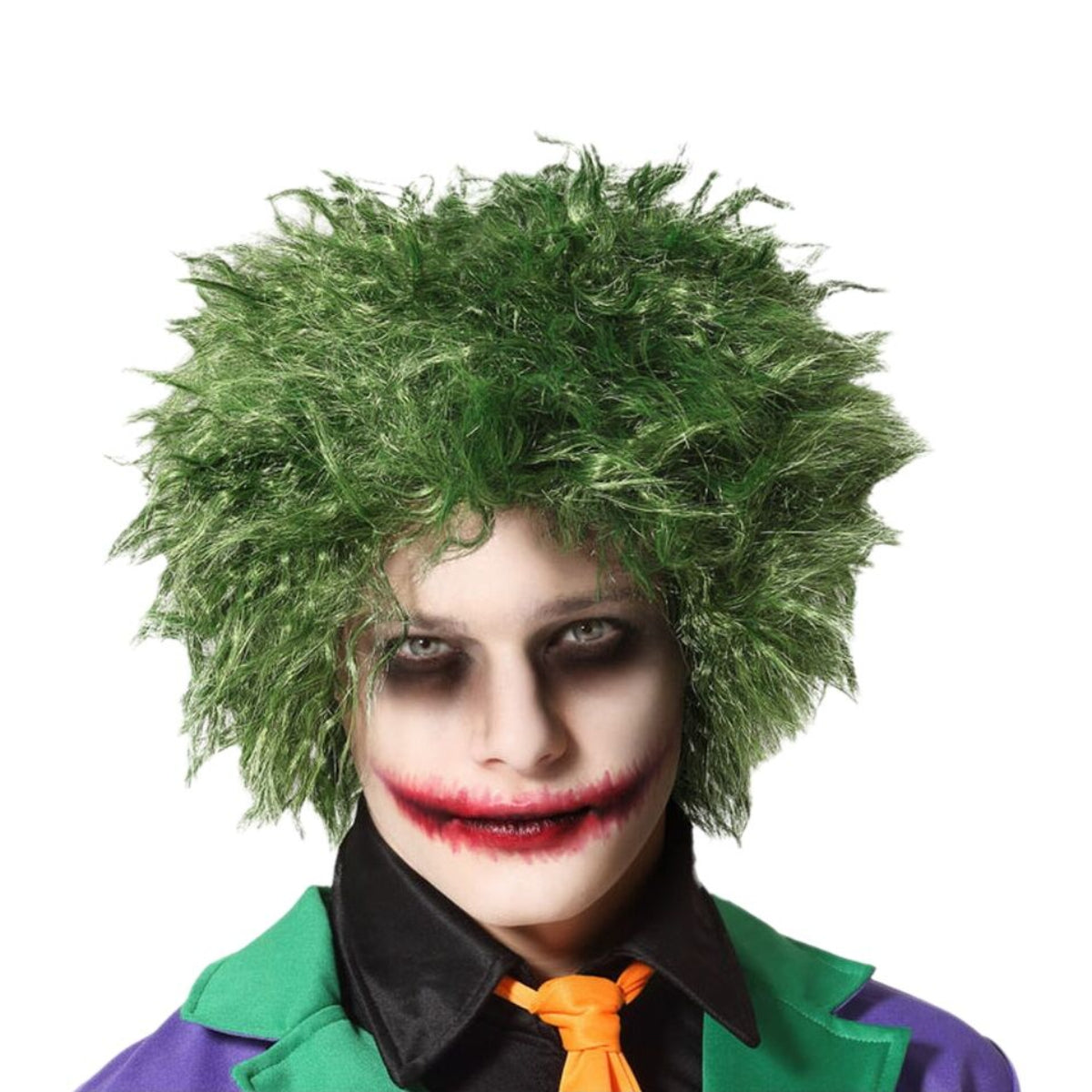 En person med clownsmink bär en Galen Grön Skurkperuk med rufsigt, grönt hår.
