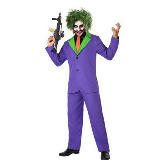 En man i en lila Joker-kostym, sedd bakifrån, med en spretig grön peruk.