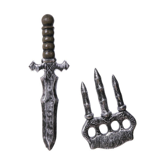 Ett leksaksvapenset i sliten silverfärg bestående av en kort, medeltida dolk och ett knogjärn med tre vassa klor, perfekt för en lönnmördare- eller fantasy-dräkt.