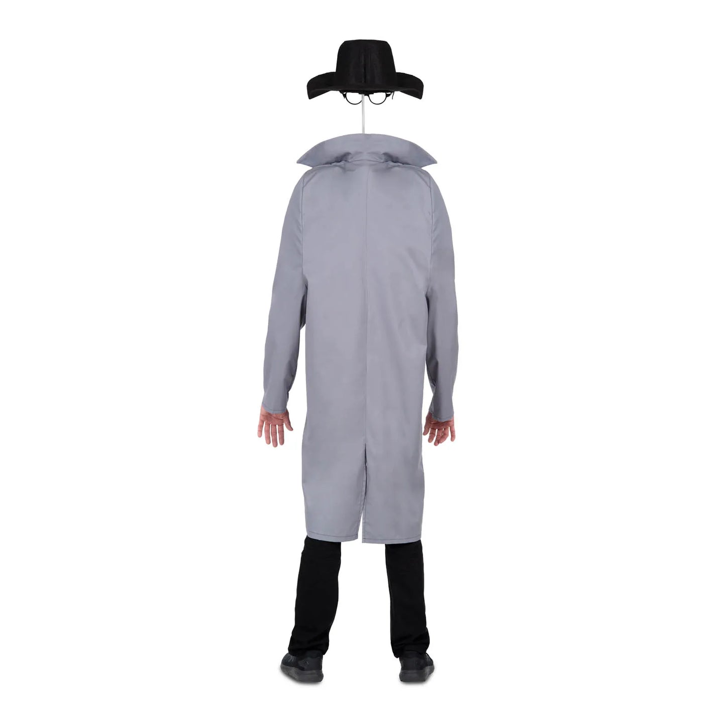 En person bär en genialisk maskeraddräkt som skapar illusionen av den Osynliga Mannen, med en svävande hatt och glasögon från baksidan.