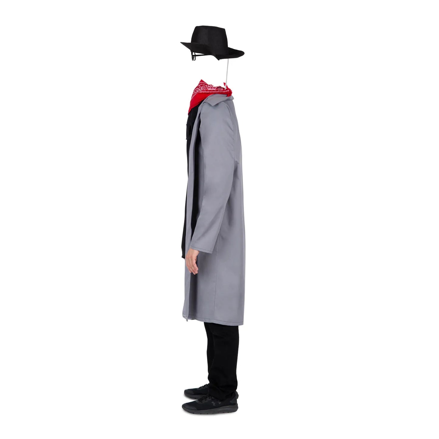 En person bär en genialisk maskeraddräkt som skapar illusionen av den Osynliga Mannen, med en svävande hatt och glasögon i profilvy.