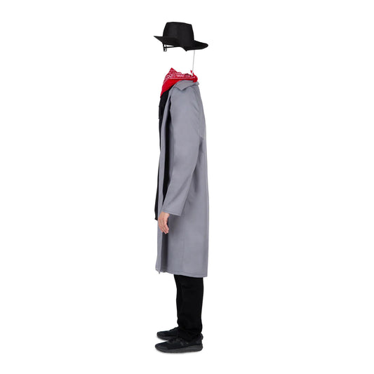 En person bär en genialisk maskeraddräkt som skapar illusionen av den Osynliga Mannen, med en svävande hatt och glasögon i profilvy.