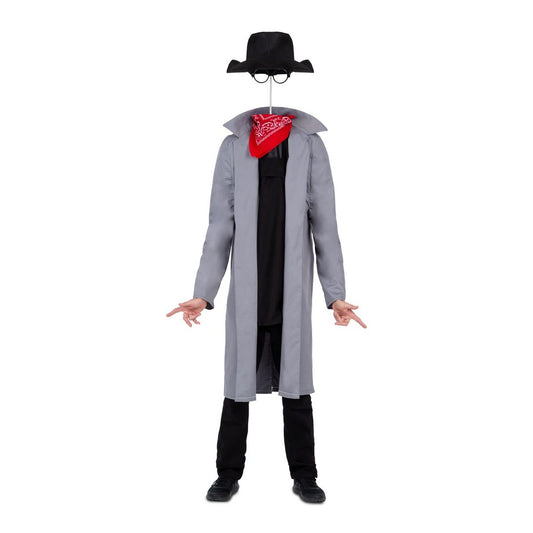 En person bär en genialisk maskeraddräkt som skapar illusionen av den Osynliga Mannen, med en svävande hatt och glasögon.