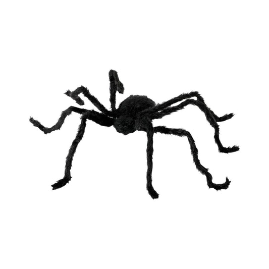 En realistisk och lurvig svart spindel med åtta böjbara ben – perfekt för att skapa skräckstämning till halloween.