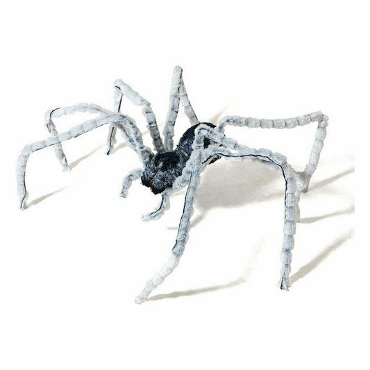 En stor och läskig Halloweendekoration som föreställer en luden, svart spindel med frostiga, vita ben.