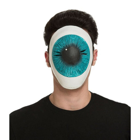 En man bär en gigantisk latexmask som föreställer en stor, blå och surrealistisk ögonglob.