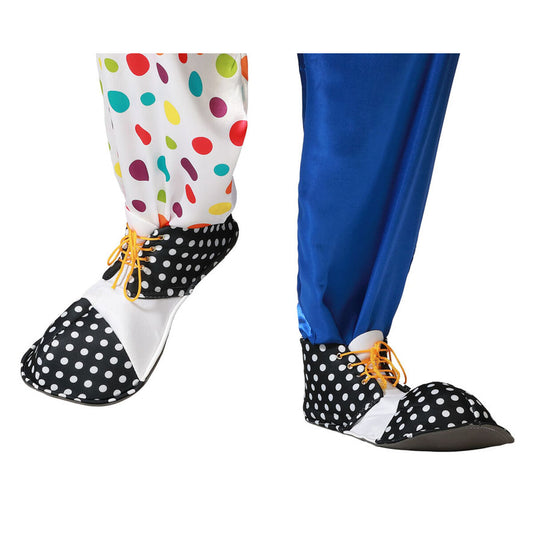 En närbild på ett par Gigantiska Prickiga Clownskor som bärs med en färgglad clowndräkt.