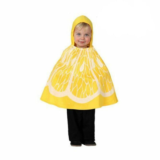 Ett litet barn poserar i en Glad Citron Poncho Barndräkt med en gul huva.