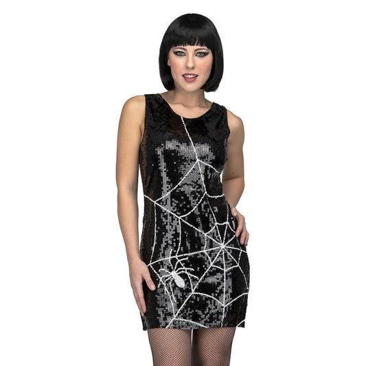 Närbild på en glittrande svart halloweenklänning med ett spindelnät och en spindel i silverpaljetter.