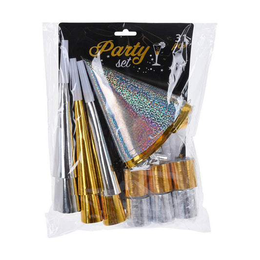 En genomskinlig förpackning som innehåller ett Glimrande Guld & Silver Partyset med partyhattar, blåstutor, blåsormar och serpentiner.