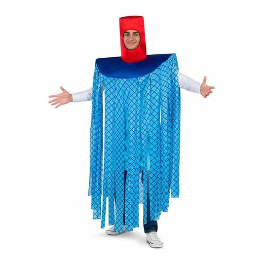 En glad man poserar i en absurd och rolig maskeraddräkt som ser ut som en stor, blå golvmopp.