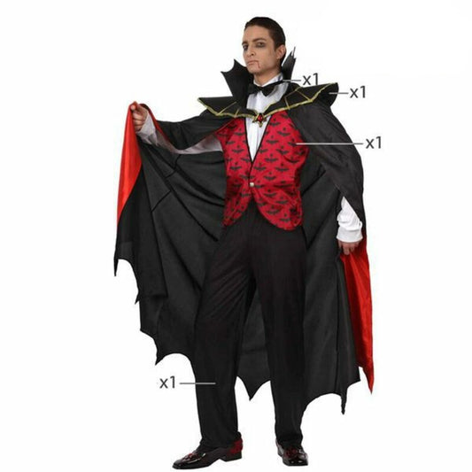 Man i Greve Dracula-dräkt med fladdermusmönster, röd cape och spetsig krage.