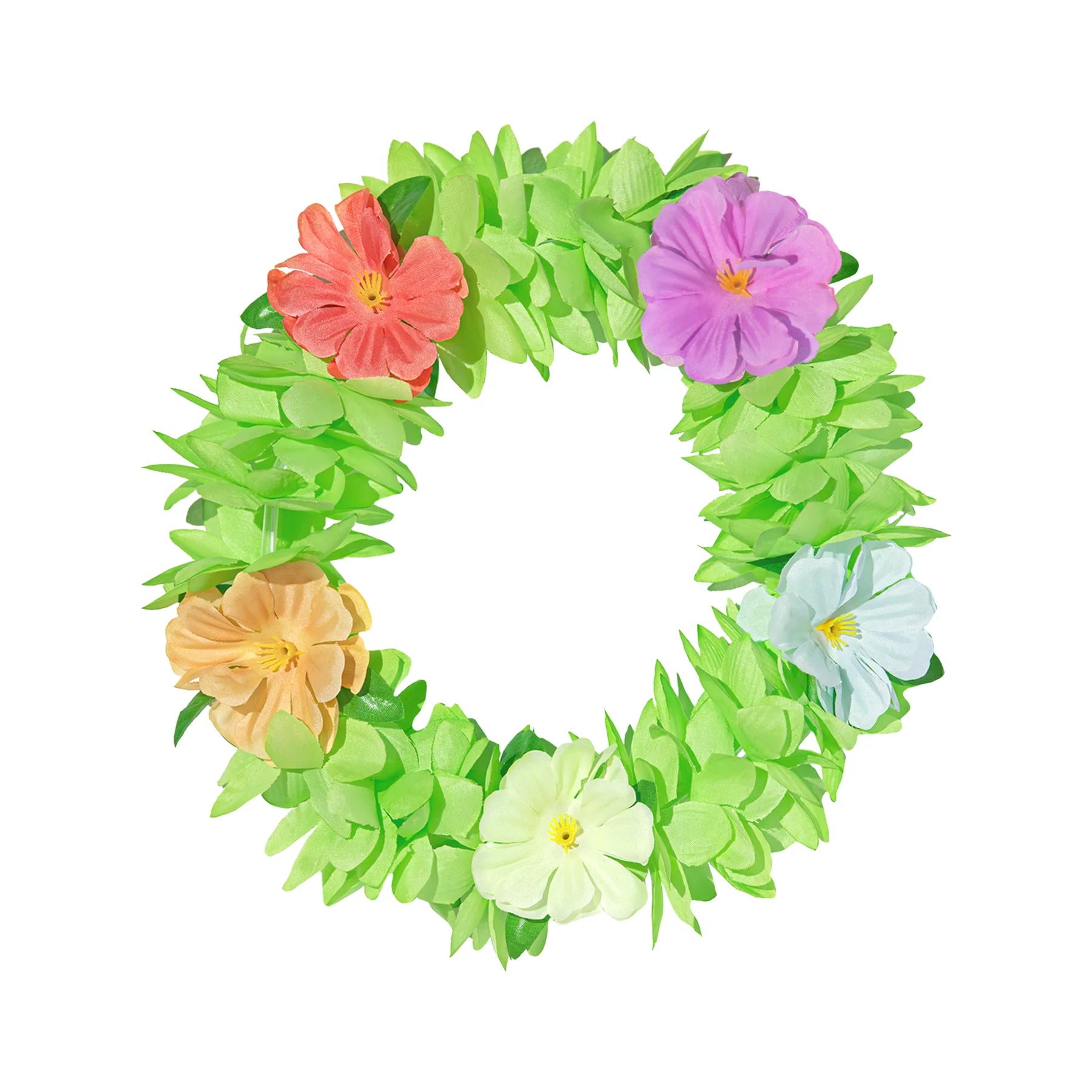 En grön blomsterkrans med elastiskt pannband, gröna blad och färgade tygblommor i orange, lila, blått, vitt och gult mot vit bakgrund.