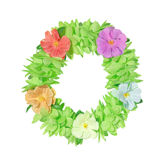 En grön blomsterkrans med elastiskt pannband, gröna blad och färgade tygblommor i orange, lila, blått, vitt och gult mot vit bakgrund.