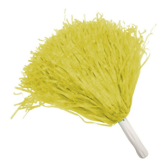 En fluffig, gul cheerleader pom pom med ett vitt handtag, fotograferad i en studio mot en vit, ren bakgrund.