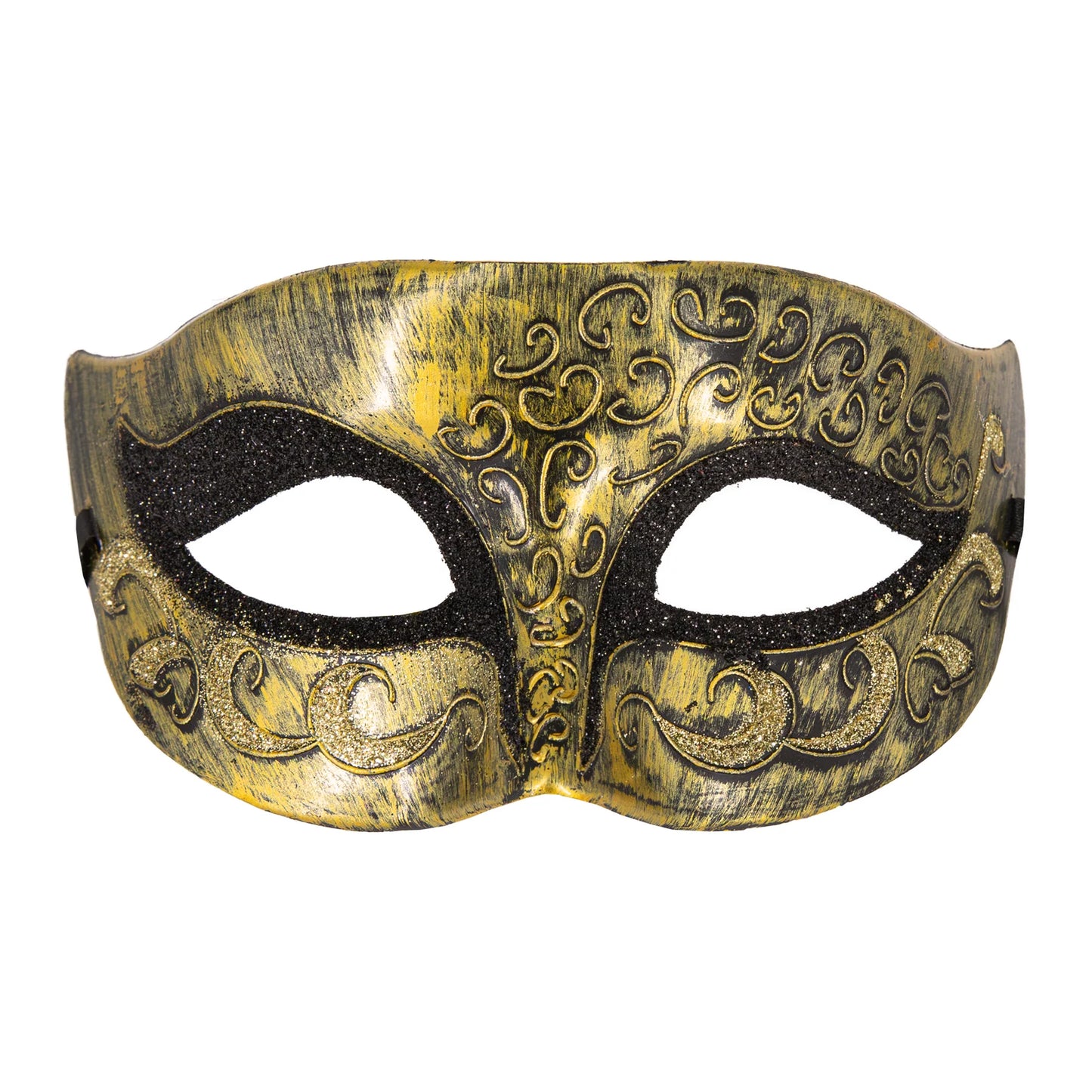 En detaljerad ögonmask i guld och svart med ett elastiskt band och vackra mönster sedd rakt framifrån mot en vit bakgrund.