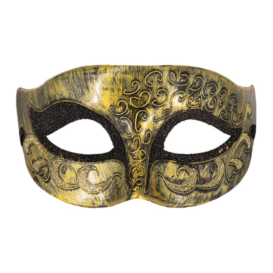 En detaljerad ögonmask i guld och svart med ett elastiskt band och vackra mönster sedd rakt framifrån mot en vit bakgrund.