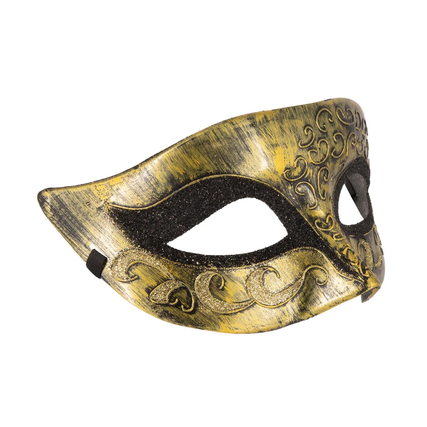 En guldfärgad ögonmask för maskerad i antik finish dekorerad med svarta glitterdetaljer och eleganta snirklande mönster sedd från sidan.