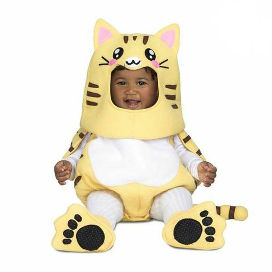 Bebis utklädd till söt gul katt med öron, morrhår, svans och tassfötter – perfekt för maskerad eller temalek.