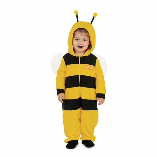 Ett leende litet barn står i en gullig och mjuk, gul- och svartrandig bi-jumpsuit med en huva och små antenner.
