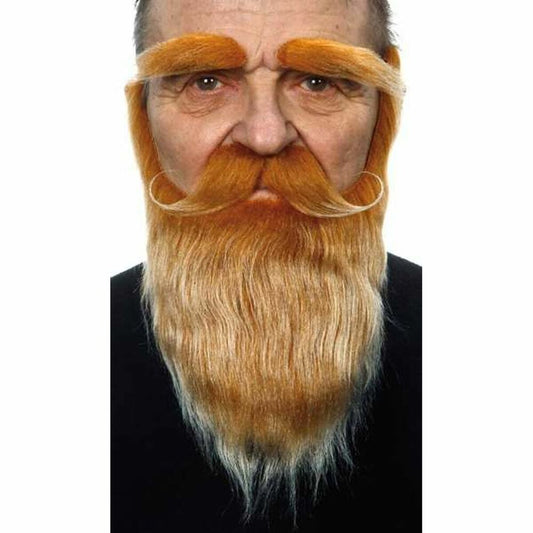 Närbild på en man som bär ett stort, långt, gyllenblont lösskägg, mustasch med uppsvängda ändar och tjocka ögonbryn som tillbehör.