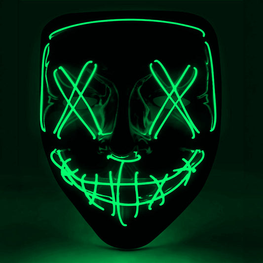 En svart LED-mask som lyser med ett intensivt grönt sken i mörkret, vilket skapar en kuslig och anonym effekt.