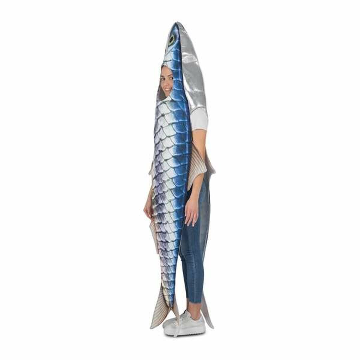 Sidan av en kvinna i den helkroppstäckande fisk-dräkten.