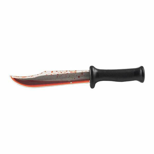 En läskig leksakskniv med svart handtag och ett genomskinligt, böjt blad fyllt med rörligt fejkblod, liknande kniven från Scream-filmerna.