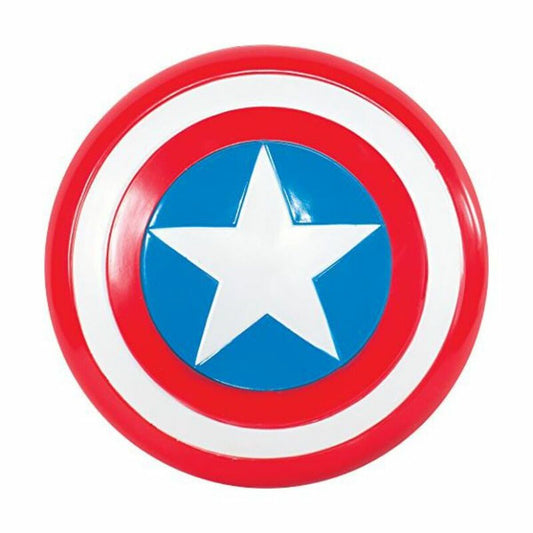En rund, Ikonisk Captain America Sköld för Barn i färgerna rött, vitt och blått med en stor, vit stjärna i mitten.