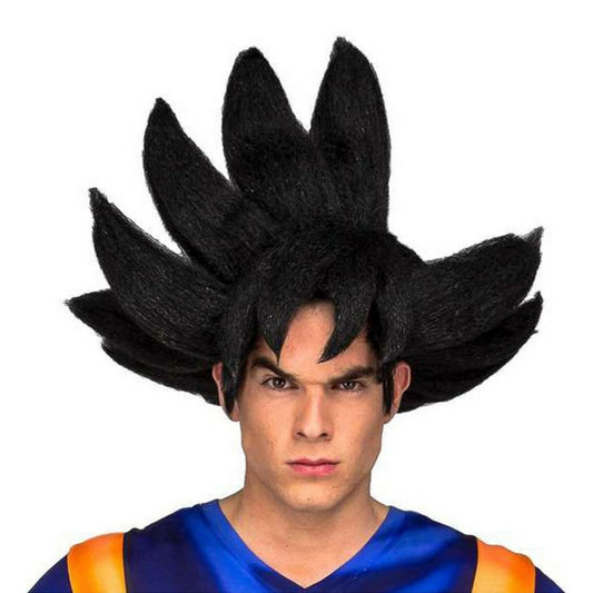 En man med en arg blick bär en Ikonisk Svart Goku Peruk med vilt, spikigt hår.