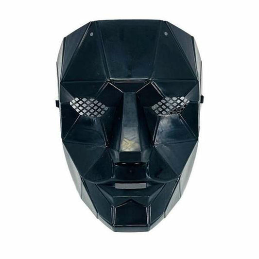 En Ikonisk Svart Spelledarmask i en geometrisk, facetterad design med nät för ögonen.