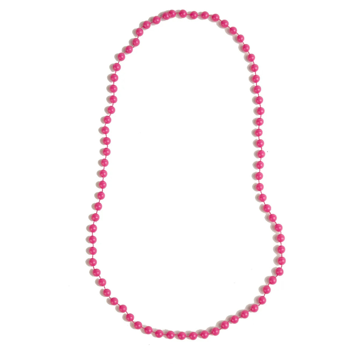 Ett långt, ikoniskt neonrosa pärlhalsband utlagt i en oval form mot en vit bakgrund.