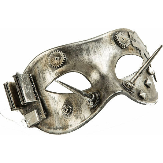 En industriell steampunk ögonmask i sliten silverfinish, dekorerad med vassa spikar, kugghjul och kretskort.