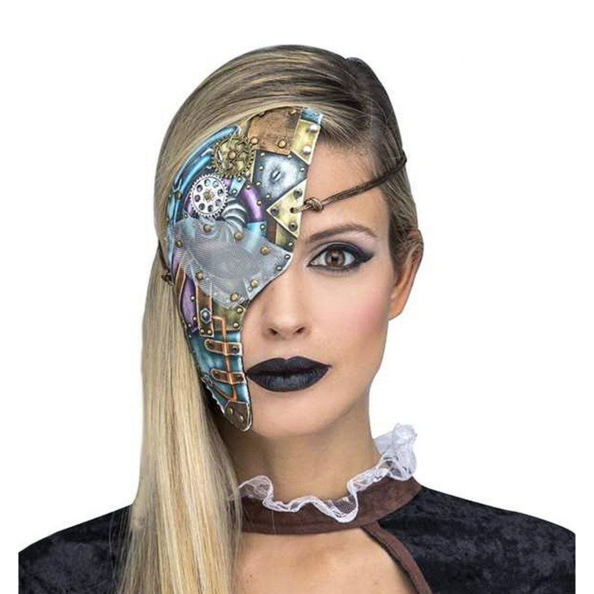 En kvinna med svart läppstift bär en Intrikat Mekanisk Steampunk-Mask som täcker halva hennes ansikte.