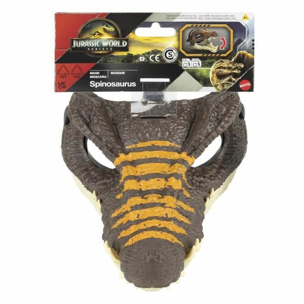Förpackningen till den officiella Jurassic World Spinosaurus-masken från Mattel.
