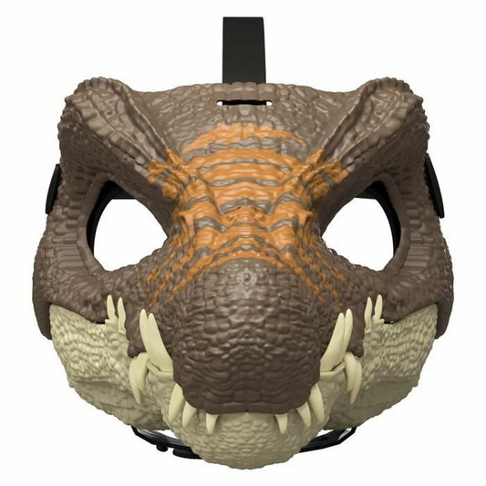 Spinosaurus-masken sedd rakt framifrån, som visar de vassa tänderna och den fjälliga texturen.