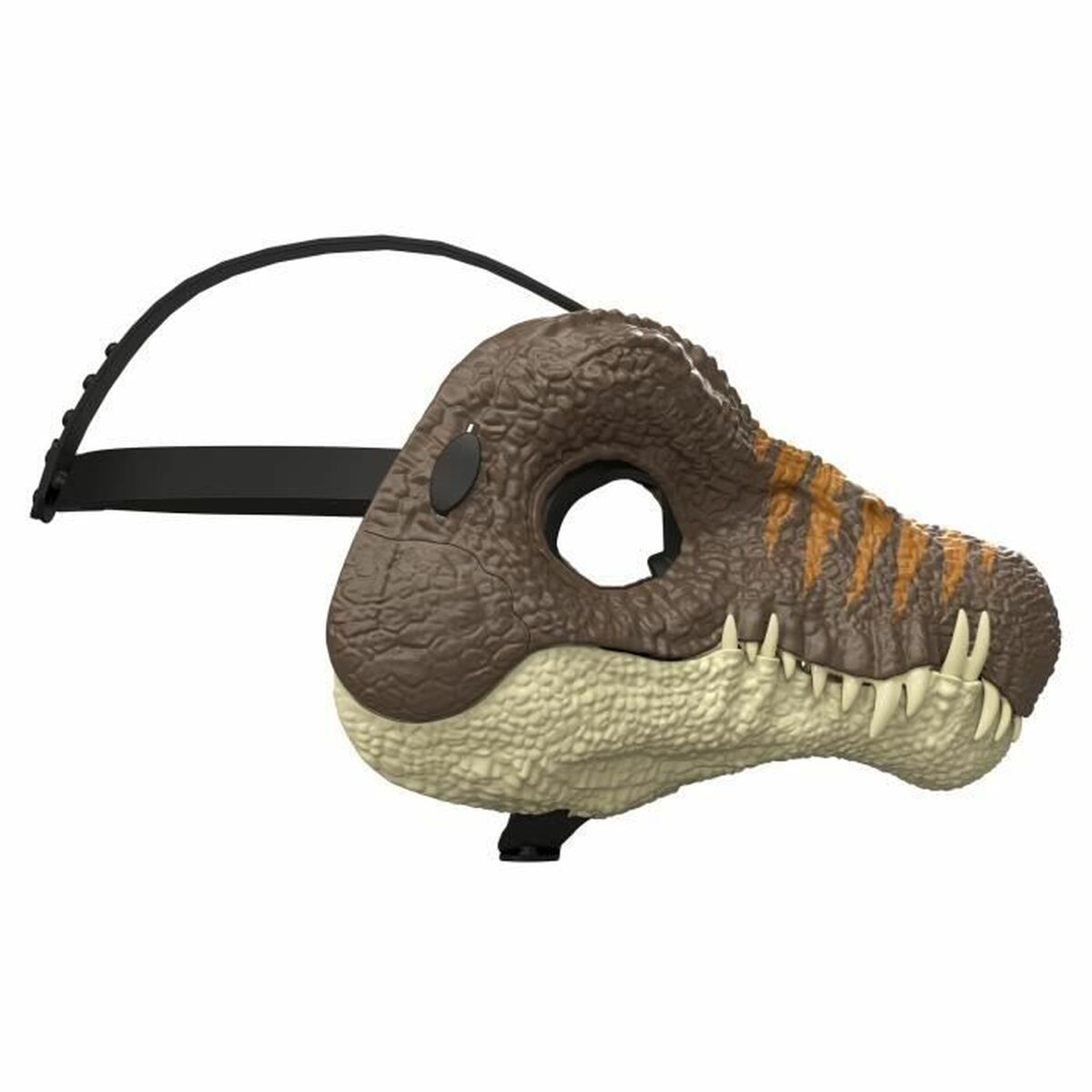 Den detaljerade Spinosaurus-masken sedd från sidan med stängd mun.