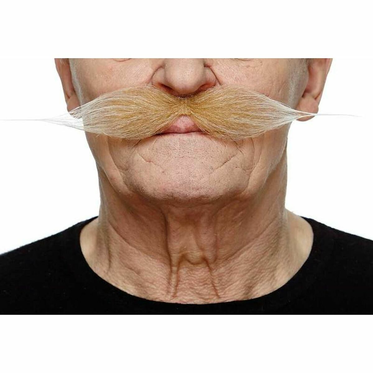 Närbild på en äldre persons ansikte som bär en tjock, yvig, blont vaxad mustasch med långa spetsiga ändar.