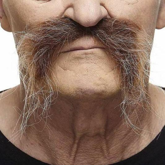 Närbild på en mustasch i brunt och grått, fäst på en persons överläpp, med långa, vilda polisonger som hänger ner mot hakan.