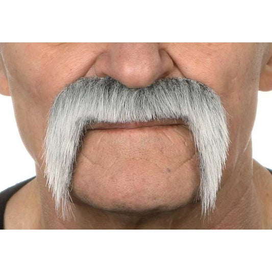 En närbild på en äldre mans ansikte som bär en stor, grå mustasch i handlebar-stil med långa, hängande sidor.