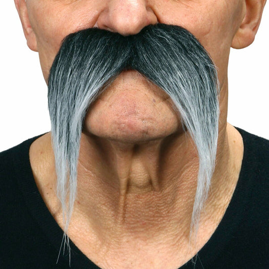 Närbild på en man som bär en stor, grå och svart mustasch med långa, hängande polisonger över överläppen.