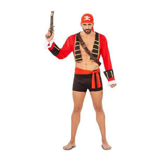 En man poserar i en Kaxig Röd Piratdräkt med shorts, en magkort jacka och en bandana, och håller i en leksakspistol.