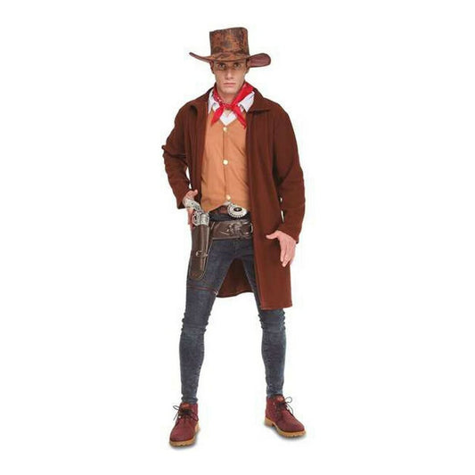 Man iklädd en brun cowboy-maskeraddräkt med lång kappa, väst, skjorta, röd halsduk och hatt, poserande med ett hölster för en vilda västern-look.