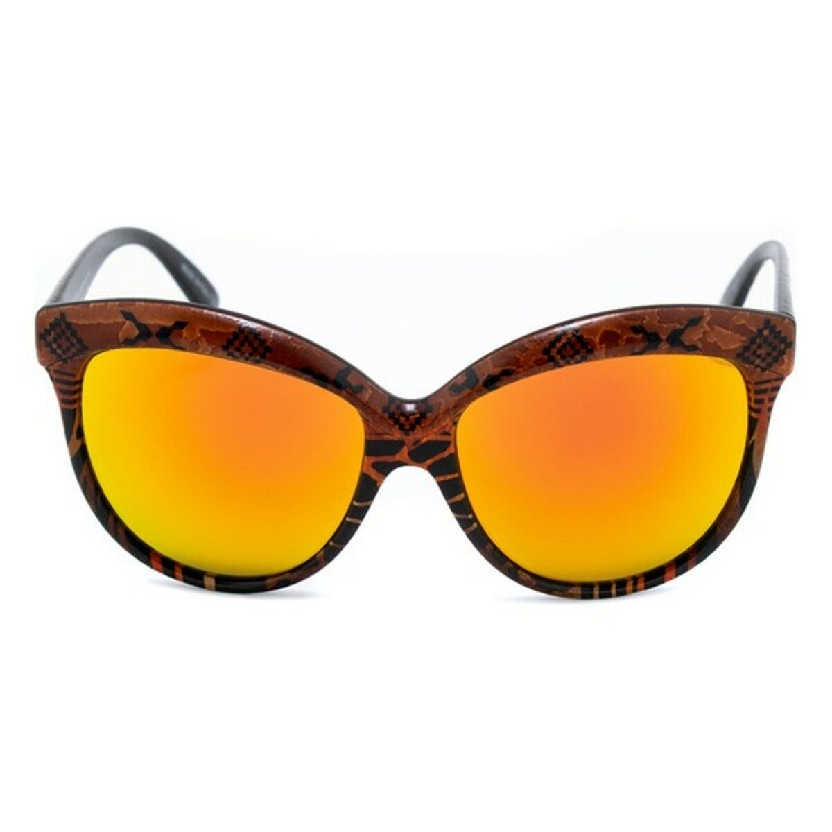Ett par Tuffa Bruna Mönstrade Cat-Eye Solglasögon med orange spegelglas och ett mönster på bågarna.
