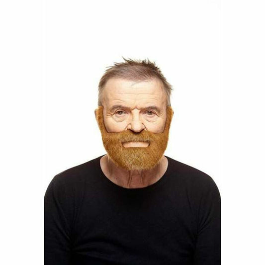 En äldre man med en kort, buskig brun mustasch och skägg (lösskägg) som sitter fast med dubbelhäftande tejp över hans egna kinder och haka.