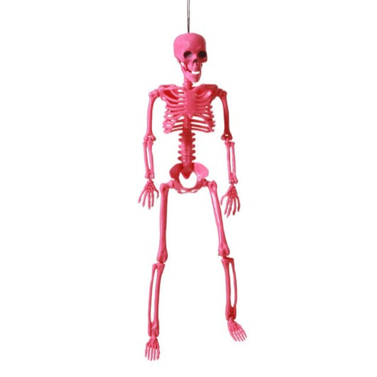 Ett kaxigt, hängande skelett i en stark, rosa färg, perfekt för halloween och fester med UV-ljus.