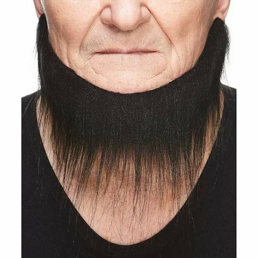 Närbild på en äldre persons haka där ett långt, tjockt, svart lösskägg är fasttejpat under munnen och hänger ner över halsen.