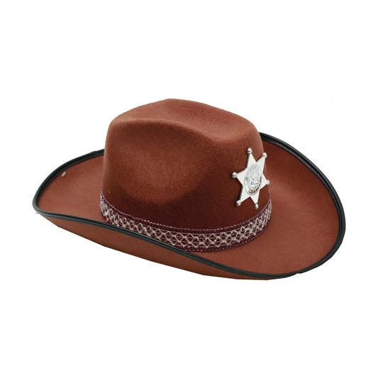 En klassisk brun cowboyhatt med mönstrad brätte och stjärna, presenterad för en autentisk vilda västern-look.