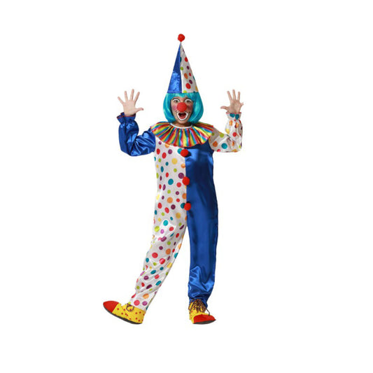 Barn poserar glatt i matchande, färgsprakande clowndräkter, komplett med peruk, näsa och en spetsig hatt.